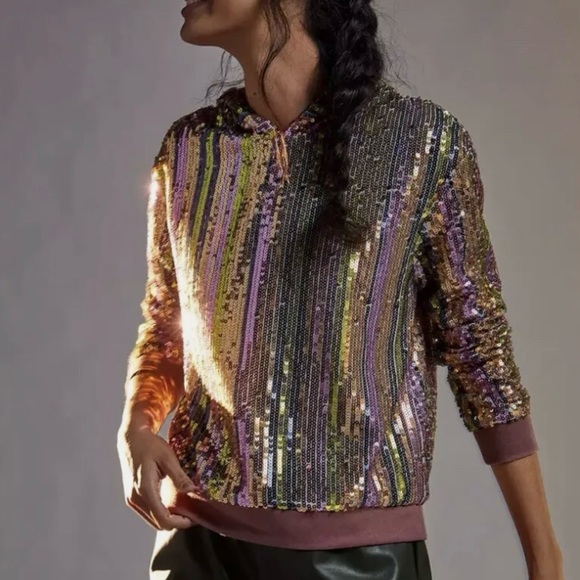 Anthropologie Tops - ANTHROPOLOGIE LYDIA ERI + ALI SEQUIN BANDED PULL OVER HOODIE  SIZE SMALL  EUC